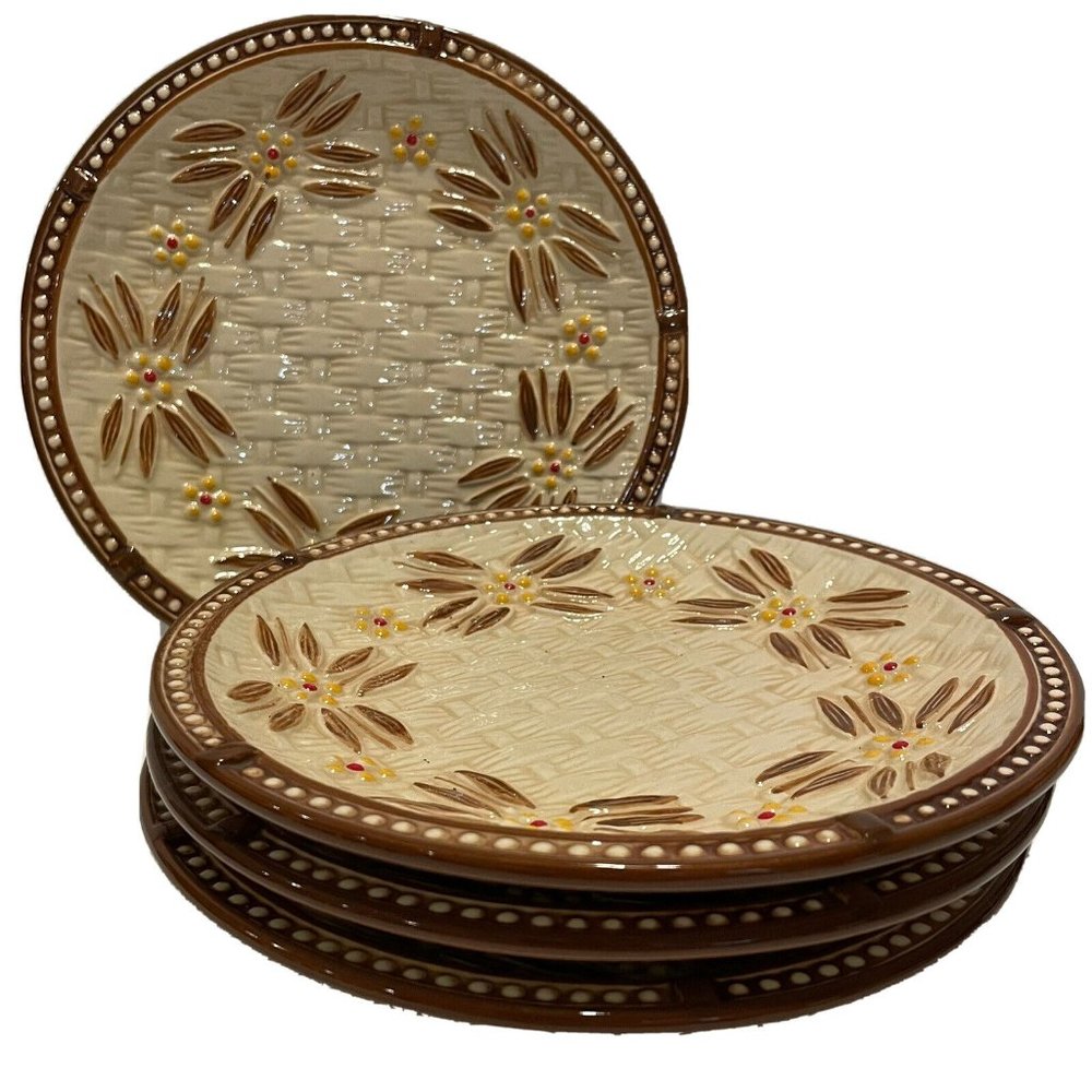 4 - TEMP-TATIONS  By Tara Old World Brown Basketweave 7” Salad Dessert Plates